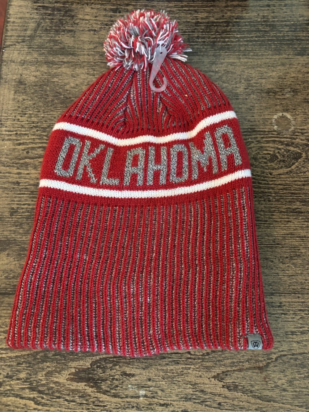 Top of the World Oklahoma Red and White Pom Beanie